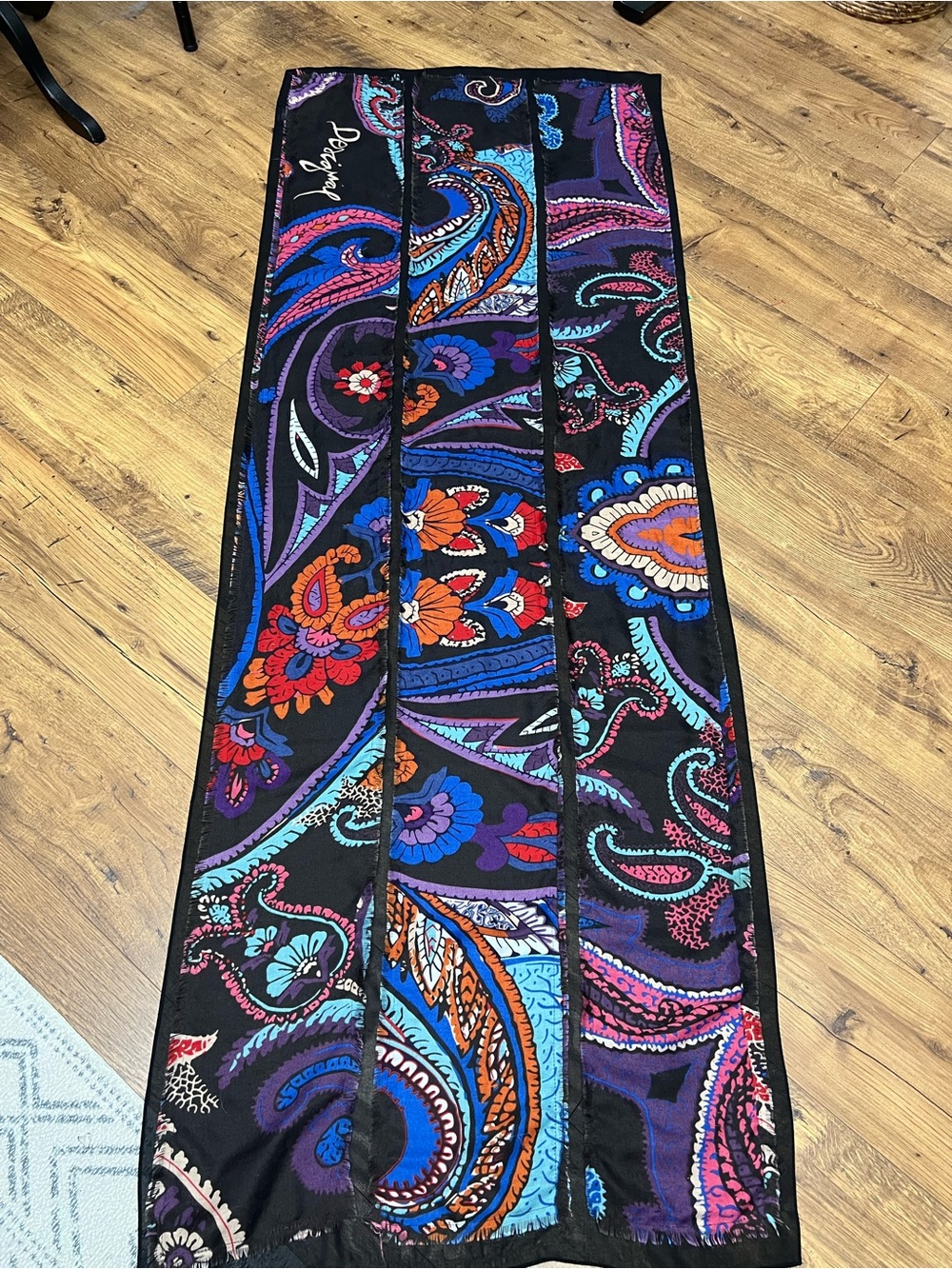 Desigual Black Multi Paisley Long Scarf with Blue, Purple & Orange Accents